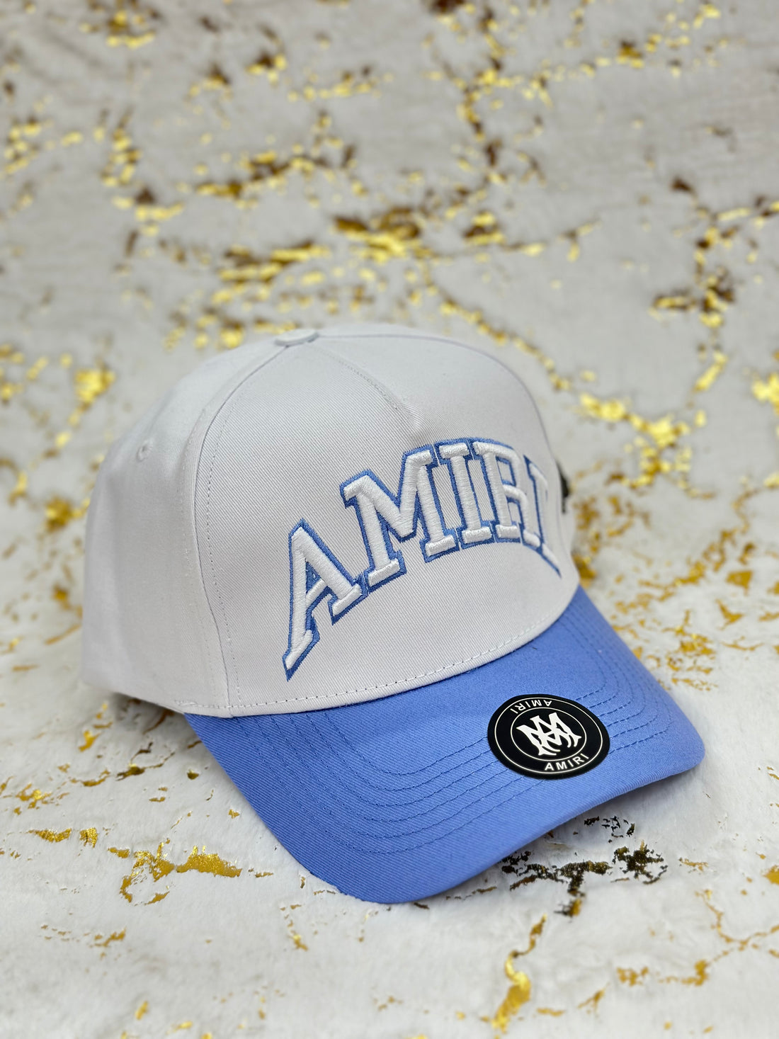 Elitecaps™ AMIRI White & Sky Blue Cap – Premium Luxury Streetwear