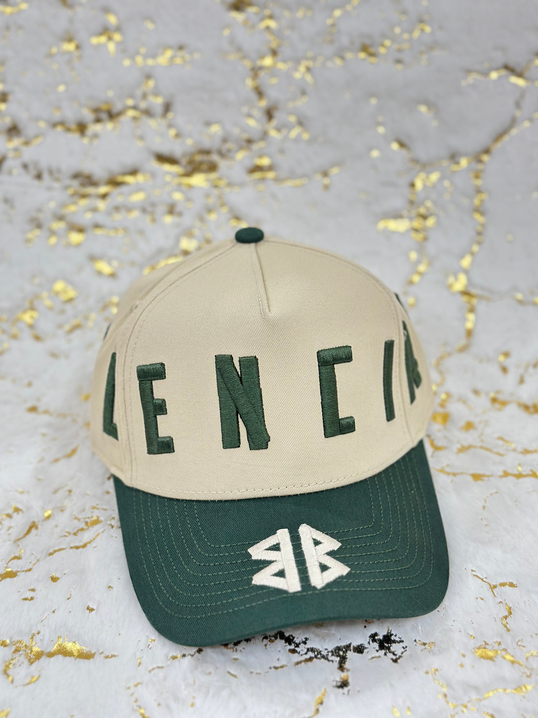 Elitecaps™ Balenciaga Beige & Green Logo Cap – Premium Streetwear Style